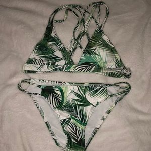 Leaf patterned bikini top and bottoms.